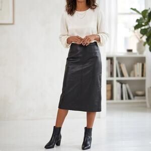 Vintage 1980s 100% Genuine Leather Skirt Black Straight Midi Skirt Mob Wife